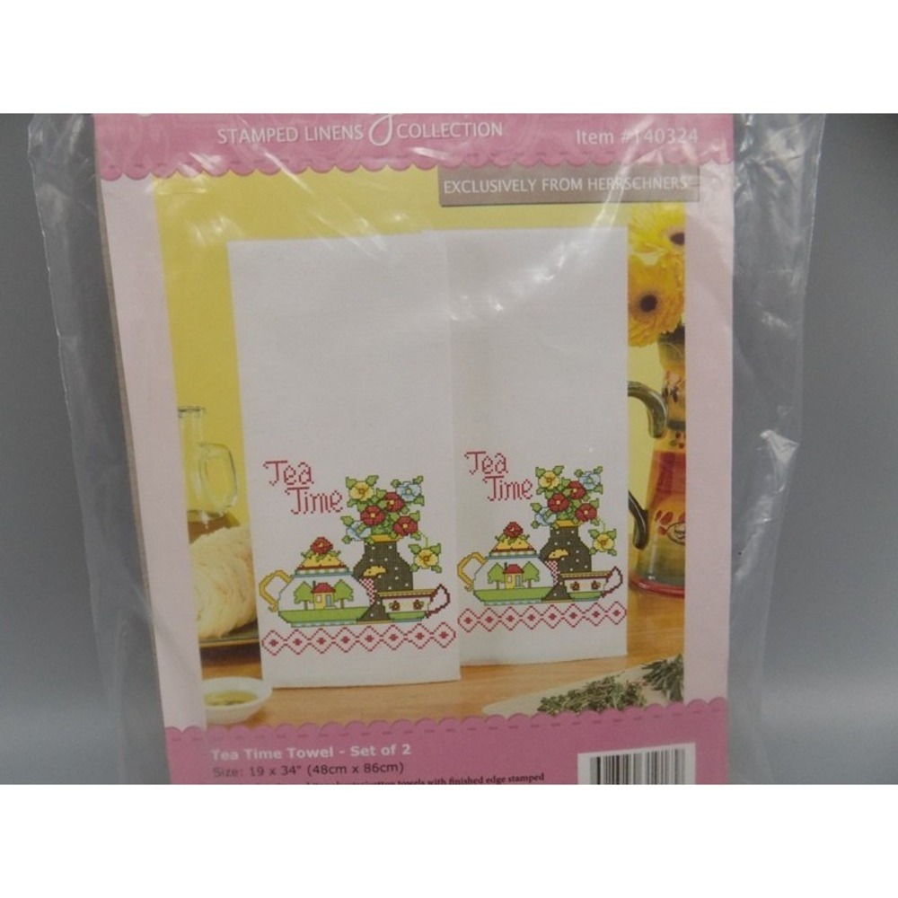 Alma Lynne's Tea Time Cross Stitch Kit Towels Sealed #140324 Two Tea Towels